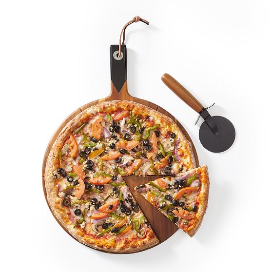 Acacia Wood Pizza Serving Board &amp; Cutter Set