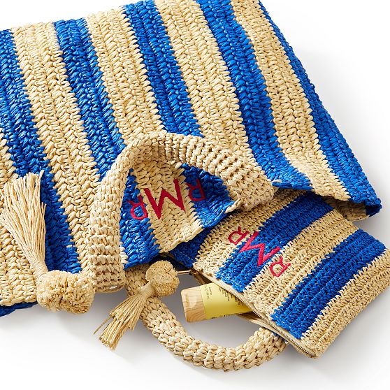 Cabana Stripe Straw Tote and Pouch Set