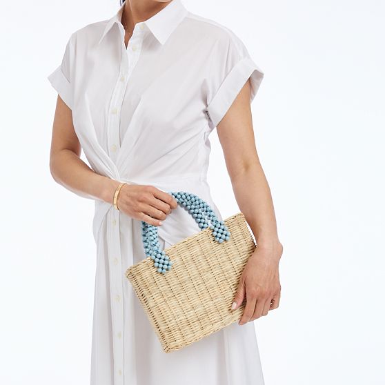 Wicker and Leather Beaded Bag