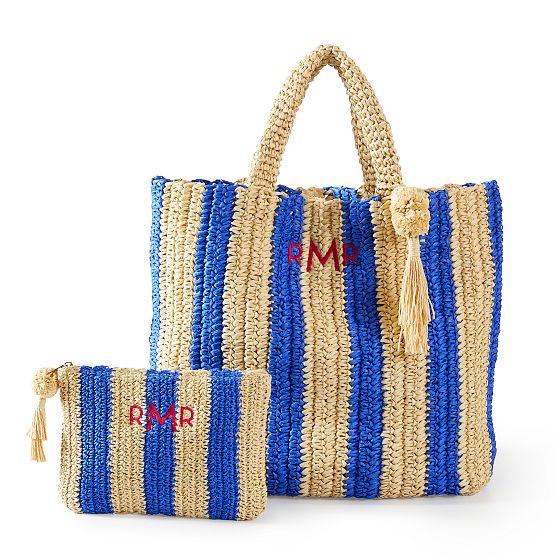 Cabana Stripe Straw Tote and Pouch Set