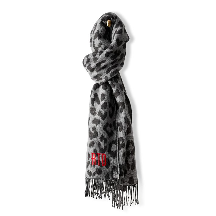 Blanket Scarf with Fringe, Grey Leopard
