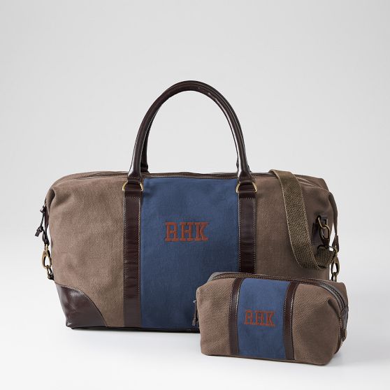 Everett Canvas and Leather Weekender and Travel Pouch Set