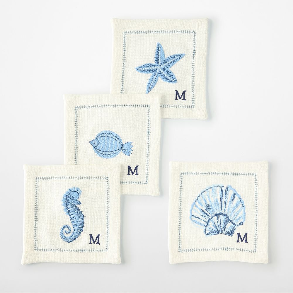 Embroidered Coastal Coasters, Set of 4