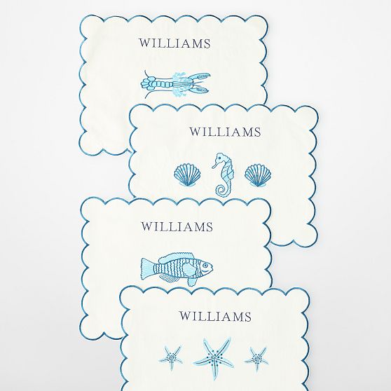 Embroidered Scalloped Coastal Placemats, Set of 4