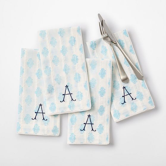 Block Print Napkins with Crochet Trim, Set of 4