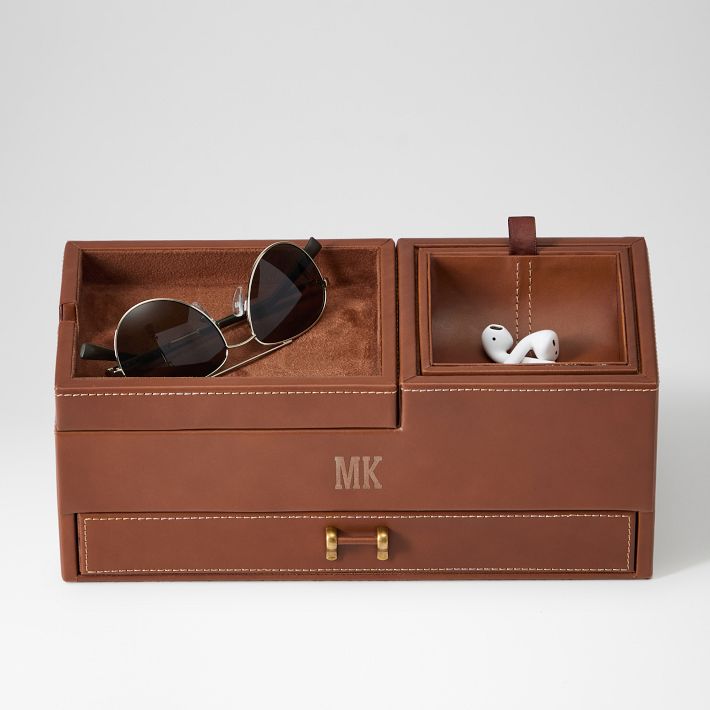 leather dresser tray The Monticello Fine Leather Personalized Desk Dresser Valet Caddy Tray