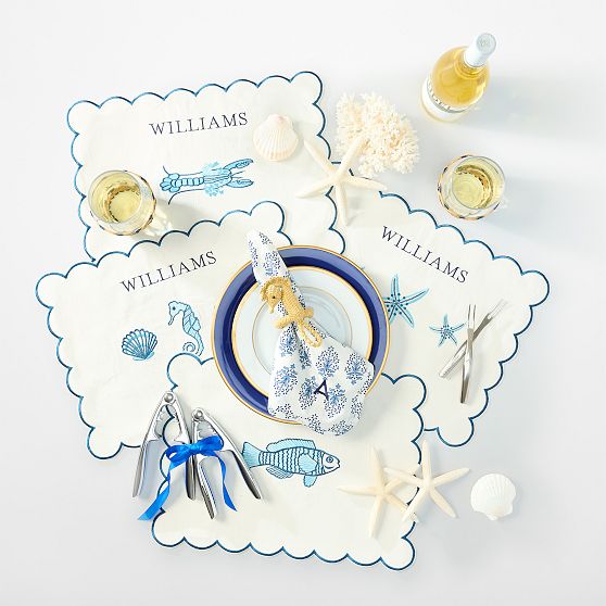 Embroidered Scalloped Coastal Placemats, Set of 4