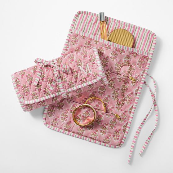 Block Print Quilted Travel Jewelry Roll Up