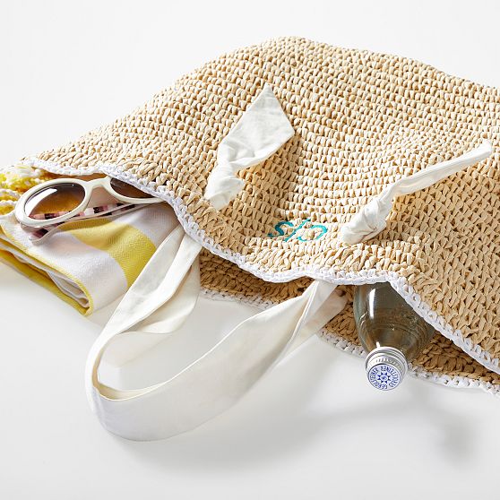 Ribbon Scalloped Raffia Tote and Clutch Set