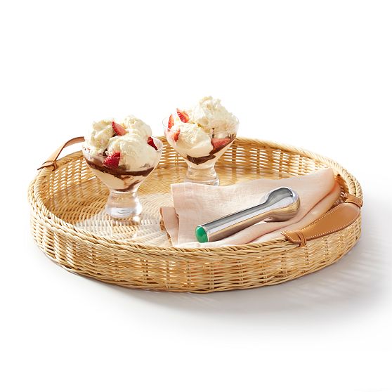 Wicker and Leather Serving Tray