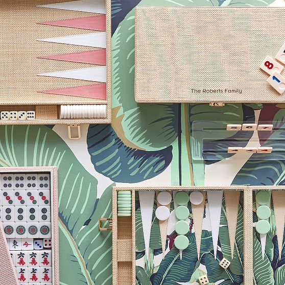 Chinese Mahjong Tile Set with Raffia Storage Case