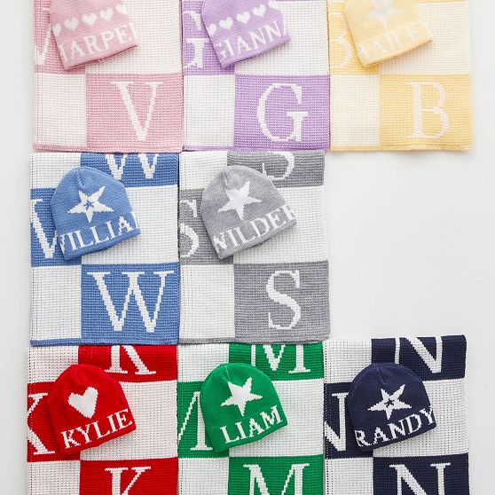 Initial Block Baby Stroller Blanket and Knitted Hat Gift Set