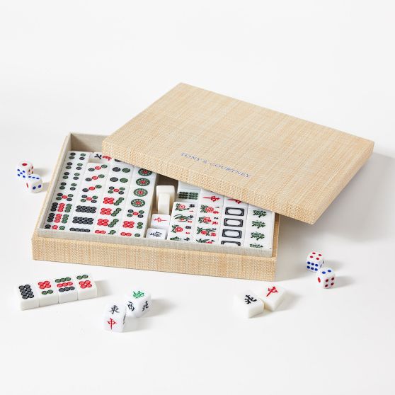 Chinese Mahjong Tile Set with Raffia Storage Case