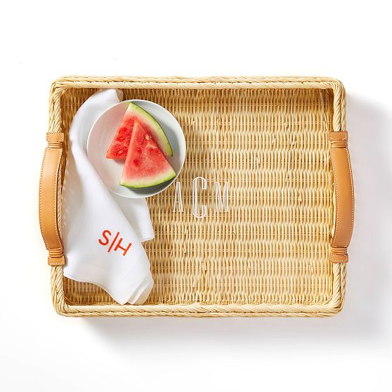 Wicker and Leather Serving Tray