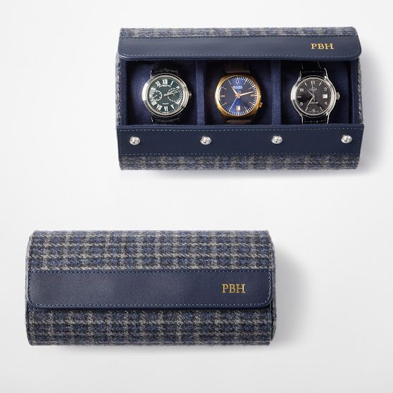Leather and Houndstooth Travel Triple Watch Roll