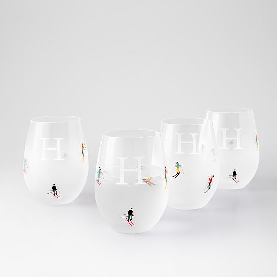 Skiers Stemless Wine Glasses, Set of 4