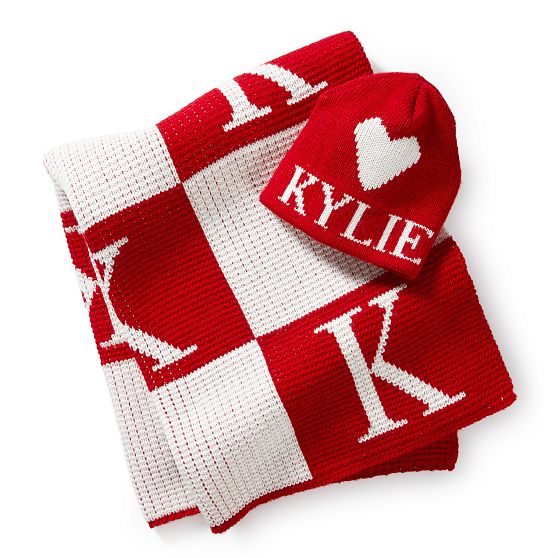 Initial Block Baby Stroller Blanket &amp; Knitted Hat Gift Set