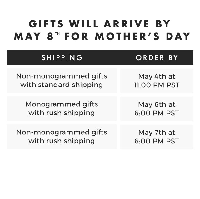 Gifts will arrive by May 8th for Mother's Day.