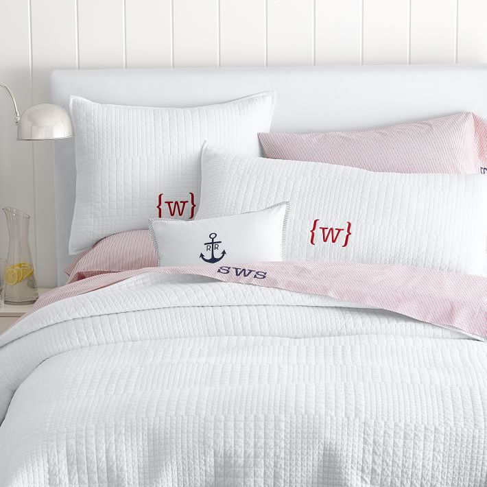 Beachport Red Pinstripe Monogrammed Sheets Mark and Graham