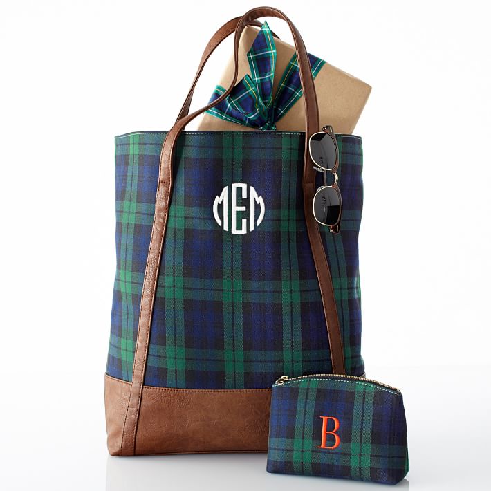 Download Monogrammed Navy Watch Plaid Cosmetics Bag | Mark and Graham