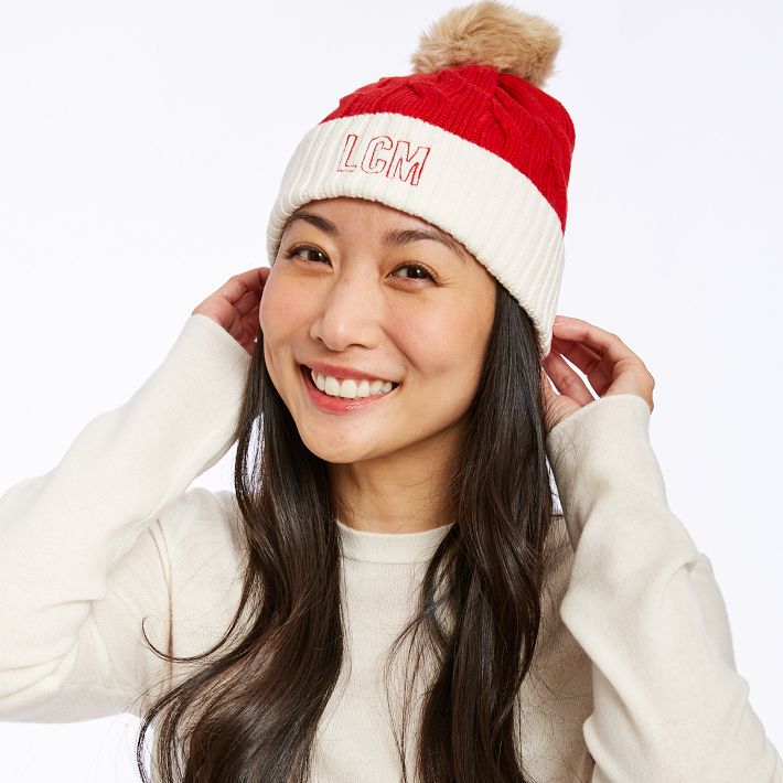 Embroidered Cable Knit Pom Hat main image 0