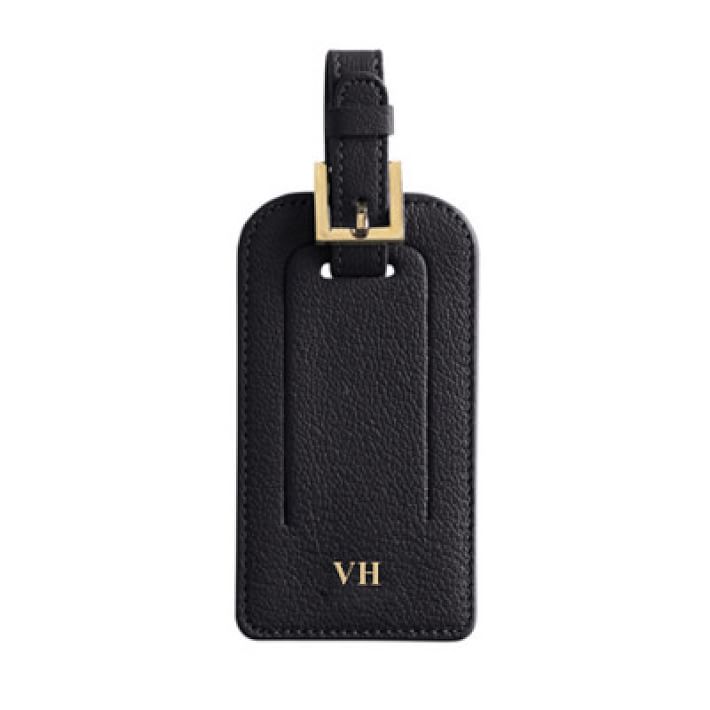 Authentic Louis Vuitton Large Black Leather Luggage Tag w/Silver