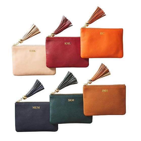 Monogrammed Leather Tassel Zipper Pouch