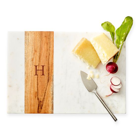 Trieste Large Personalized Cheese Board Set with Cheese Knives - Marble and Wood - Home Wet Bar