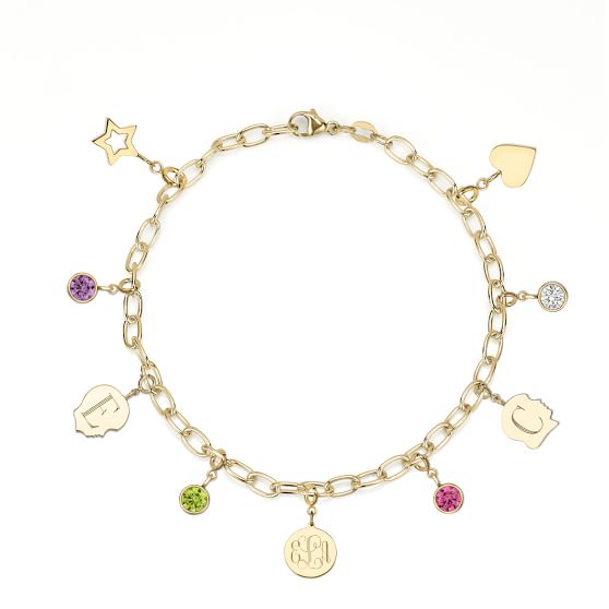 Monogram Double Link Charm Bracelet - Silver or Gold Circle / Silver Plated