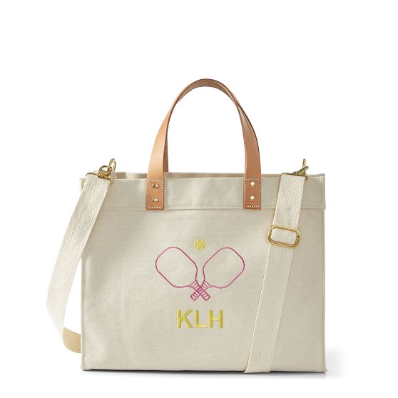 Leather-trimmed embroidered canvas tote