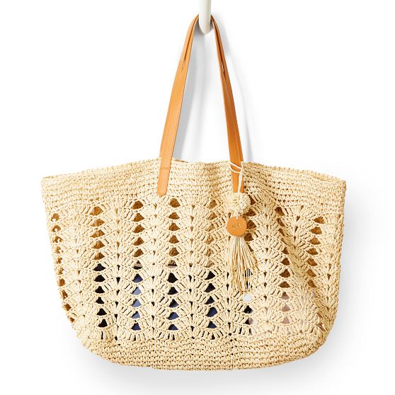 2454S Beach Bags - Striped Straw Tote - Rope Handles