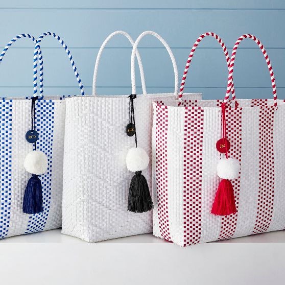 Monogram Pink Stripe Tote Bag - Rope Handles Navy Blue