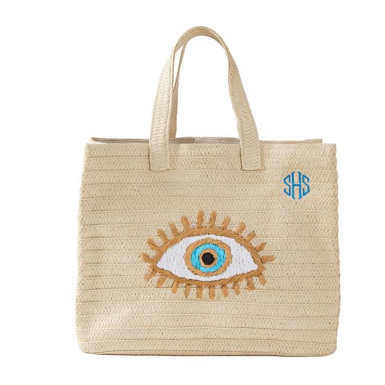 Boho Evil Eye Rattan Paper Straw Wicker Round Beach Tote Bag