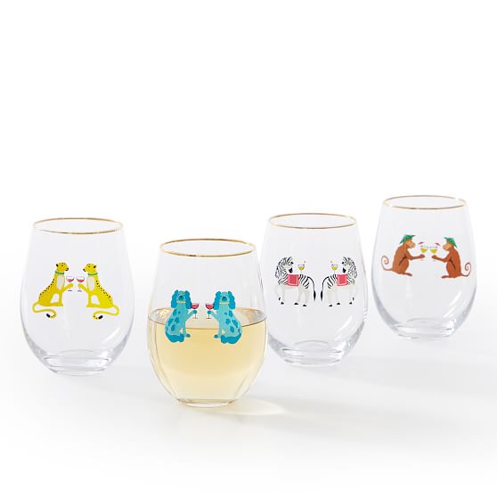 Wine Glass Set of 4 With Animal Figures, Stemless Wine Glass, Pig