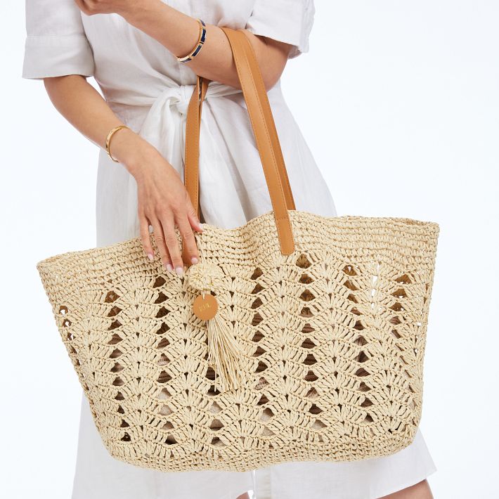 Crochet Black Raffia Bag. Large Straw Beach Bag 