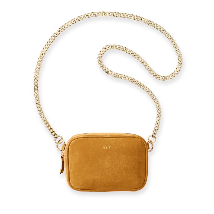 Honey Suede Convertible Belt Bag with Gold Chain Crossbody Strap Set