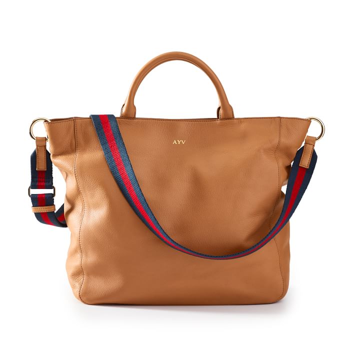 Camel Tote with Red-Navy Twill Crossbody Strap Set