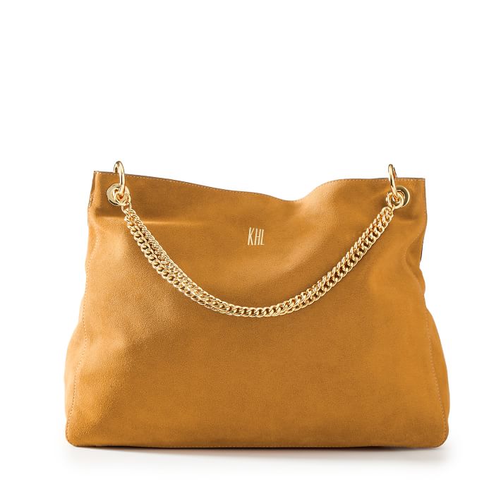 Honey Suede Handbag with Gold Double Chain Shoulder Strap Set
