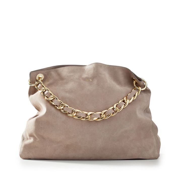 Grey Suede Handbag with Grey Suede Chain Shoulder Strap Set