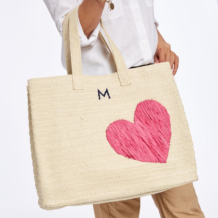 Heart Embroidered Oversized Straw Beach Tote