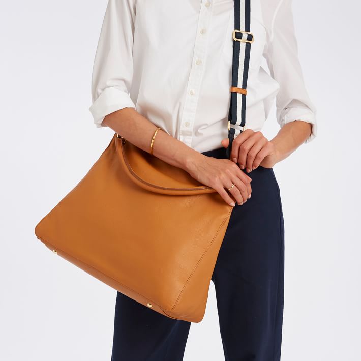 Camel Handbag with Navy-White Crossbody Strap
