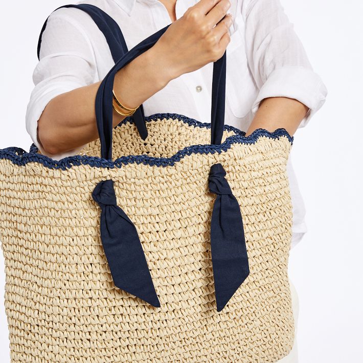 Ribbon Scalloped Raffia Tote