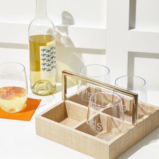 Raffia Drink Caddy and Outdoor Stemless Glasses Set Mark and Graham