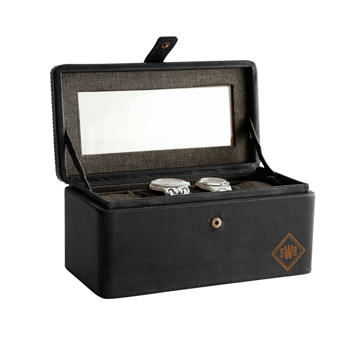 Rustic Leather 4-Slot Watch Box, Black