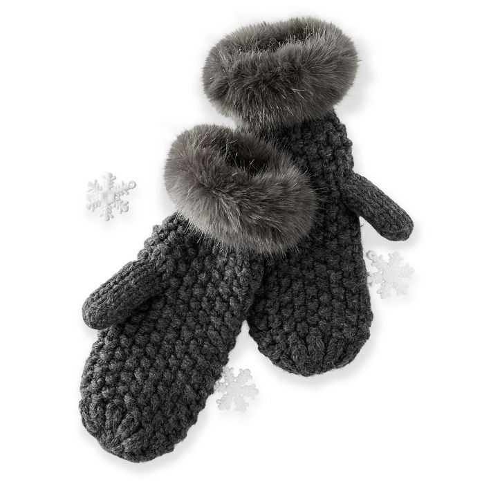 Chunky Knit Mitten with Fur, Charcoal