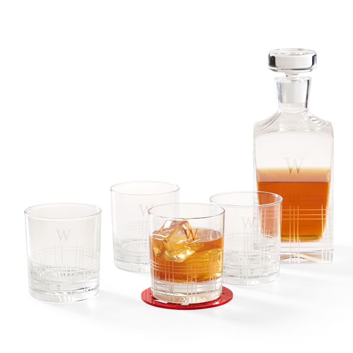 Etched Windowpane Decanter and DOF Set, Set of 4