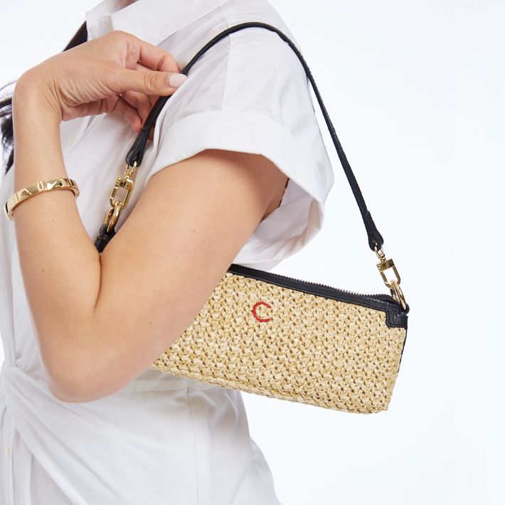 Raffia and Leather Baguette Bag