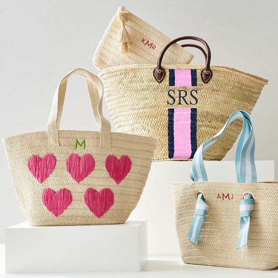 Hearts Embroidered Straw Beach Bag