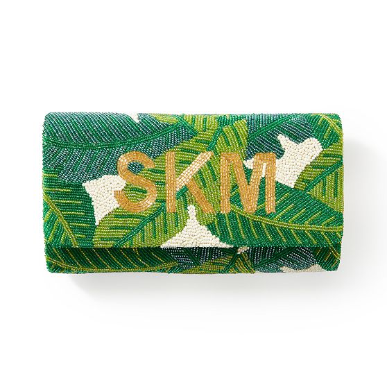 Palm Print Beaded Foldover Crossbody Clutch