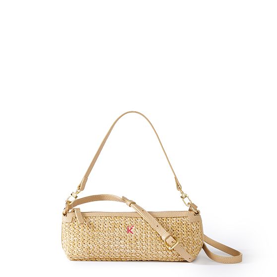 Raffia and Leather Baguette Bag